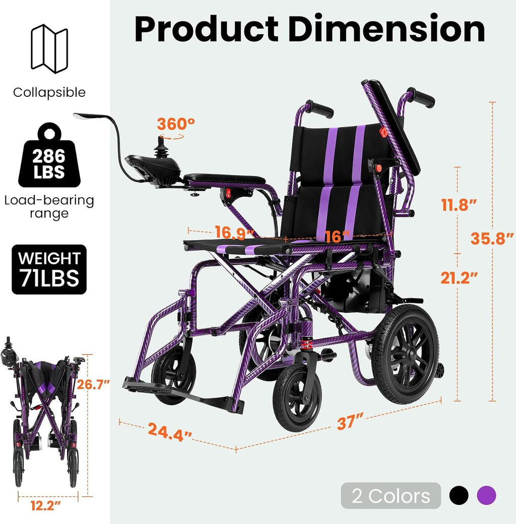 Electric Wheelchairs for Adults，Lightweight Foldable Wheelchair 15 Miles Long Travel Range, 360° Joystick Control Motorized Wheelchair, Support 286 lbs with LED Light Power Wheelchair (Purple)
