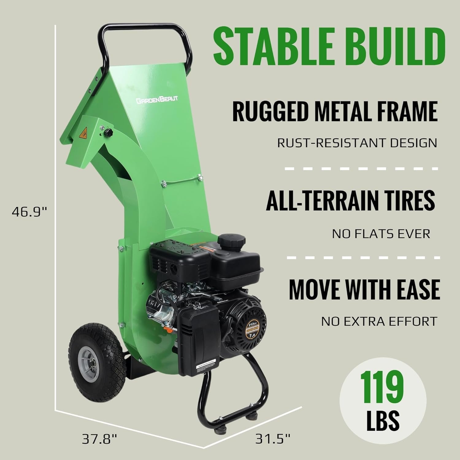 S1 Gas-Powered Wood Chipper, 7HP, 3" Max Diameter, High Reduction Ratio