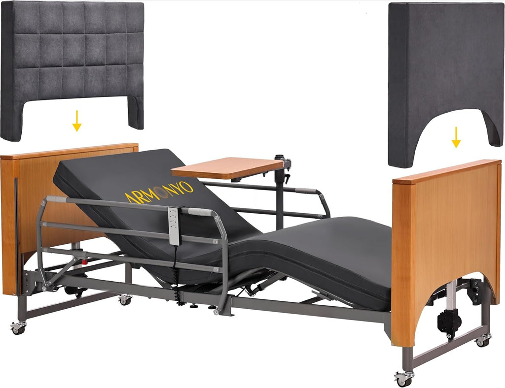 Electric Hospital Bed for Home Use – 5 Functions, Advanced German LIMOSS Motor, Ultra-Low 8.5"–25" Adjustable Height, Double Solid Wood Panels with Medical Overbed Table &amp; Foldable Rails