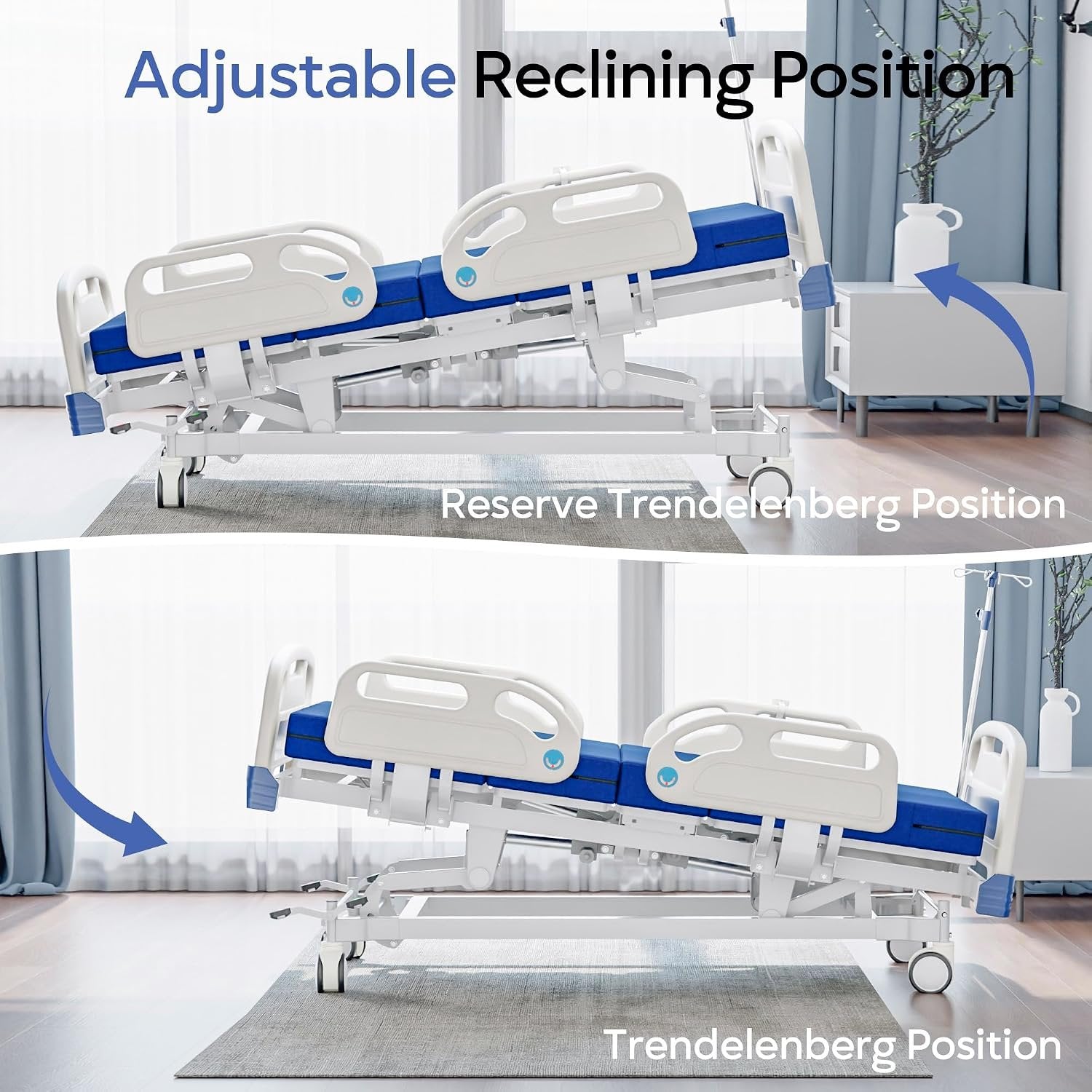 Premium Full Electric Hospital Bed for Home Use, 5 Function Medical Bed with 4.7” Foam Mattress, Height Adjustable, Central Locking System, Includes Sheets (2X) (5 Function)
