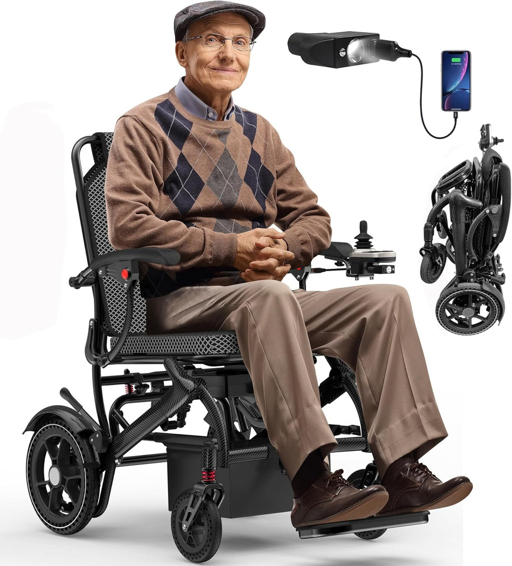 Electric Wheelchairs for Adults Foldable 36LBS Lightweight Frame Airline Approval,15 Miles Range, Max Support 350 LBS, 500W Brushless Motors with LED Light-Silver Color
