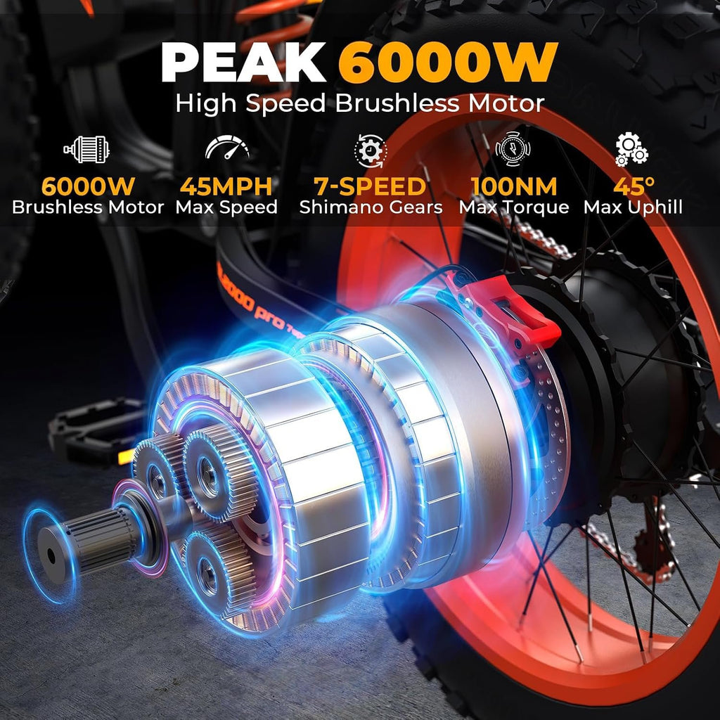 Electric Bike for Adults, 6000W Peak Motor, 67V 36Ah Removable Battery, 45MPH Fast Speed, 110-Mile Range, 45° Climbing Fat Tire Ebike, Full Suspension All-Terrain Electric Bicycle