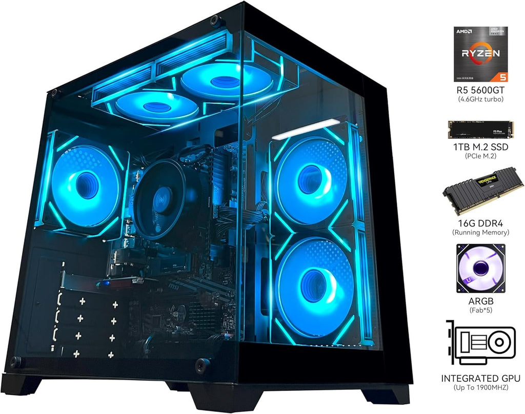 YAWYORE Gaming PC Desktop Computer AMD R5 5600GT 16GB 1TB NVMe Towers WiFi | 16GB DDR4 3200MHz, 1TB M.2 NVMe PCIe, 550W 80PLUS PSU, WiFi BT, Game Design Office Console