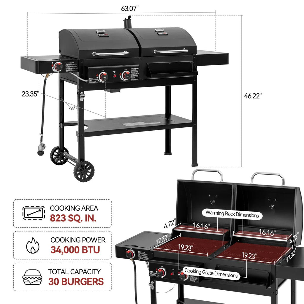 2-Burner Gas and Charcoal Combo Grill with Side Burner